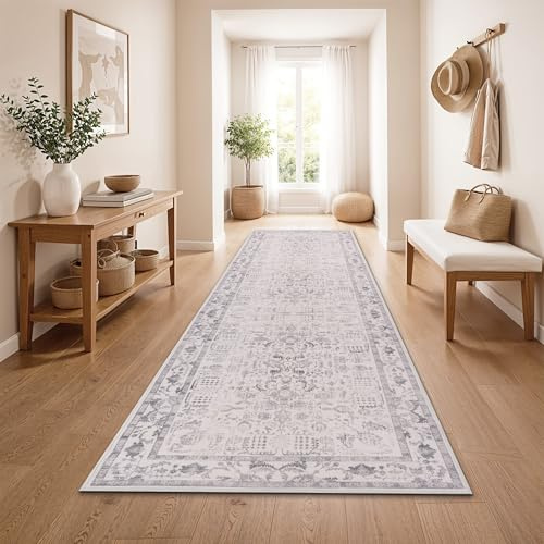 Paco Home Vintage Teppich Läufer Kurzflor Boho Stil Waschbar & rutschfest pflegeleicht modernes Retro Design, Farbe:Silber, Größe:80x300 cm