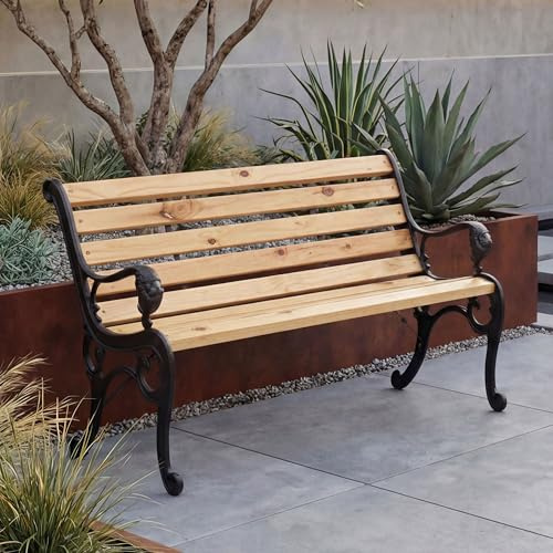Mendler Gartenbank HWC-O25 132cm Gusseisen Holz Kiefer - Natur | Sitzbank, Parkbank, Holzbank, 2-Sitzer