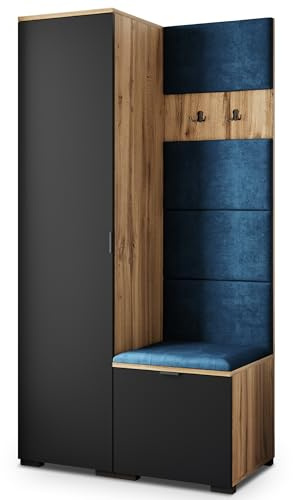 Masseno Flugarderoben Set Lori, Kleiderschrank-Set mit Sitzbank, Garderobenschrank Flur mit 3 Regalböden, Eiche Wotan/Schwarz