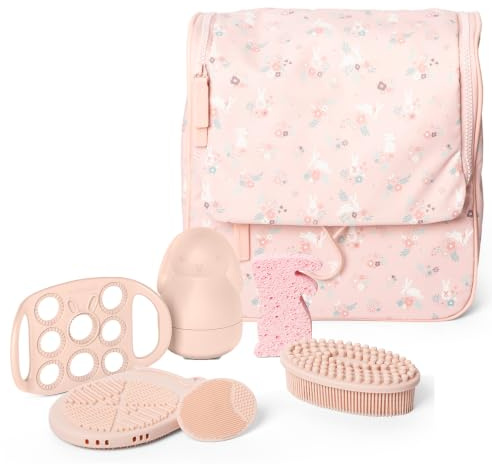 Suavinex, Kit Baño Bebé con Neceser, Set Higiene Recién Nacido, Rosa | Con: Esponja + Cepillos + Guante Baño + Pompero + Juguete. Con Bolsillos, Cremalleras, Espejo y Colgador, Gran Capacidad