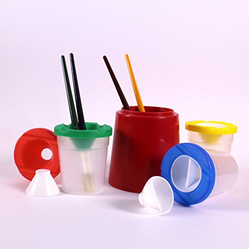 Plastic Small & Large Non Spill Water Cup Paint Pot Set with 4 Brushes Kids Art & Painting by BCreative ®