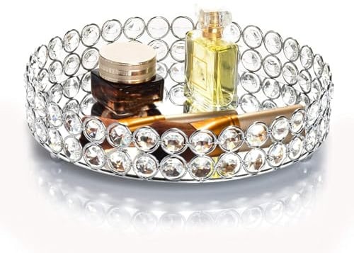 Feyarl Crystal Perfume Tray Cosmetic Makeup Vanity Tray Jewelry Trinket Organizer Mirrored Decorative Tray for Home Deco Christmas Birthday Gift(Round 10 inch) (Silver)