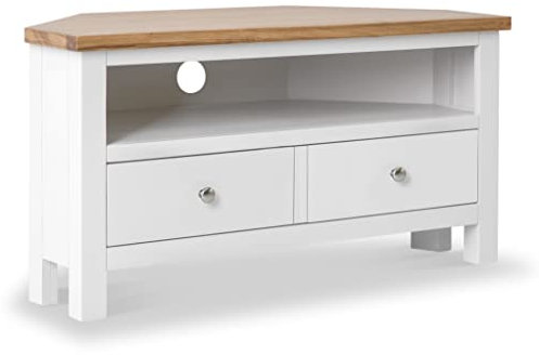 RoselandFurniture Farrow White Corner TV Stand Unit 90 cm Painted Solid Wood Light Oak Top Television Cabinet Suitable for TVs up to 40 inches for Living Room or Bedroom | Fully Assembled