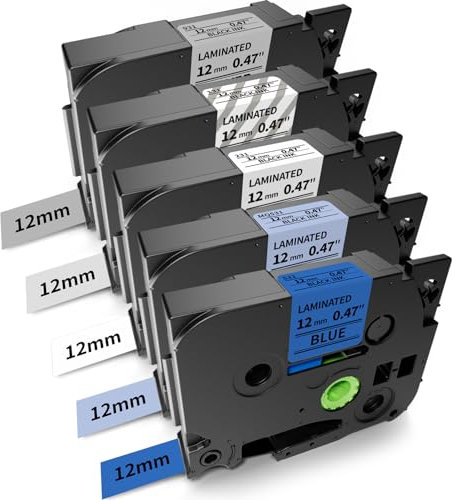 Aken Kompatibel mit Brother P touch H100r Schriftband 12mm TZe TZ Tape Cassette, Laminated Schriftband für Brother P touch H105 1010 H100R E110 D200 1000 D400 - Blau Hellblau Transparent Silber Weiß