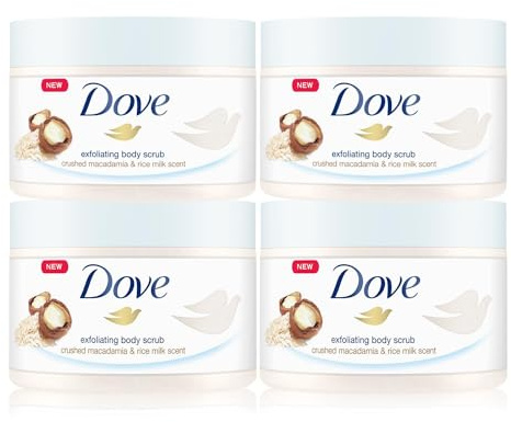 Dove Body Scrub with Crushed Macadamia and Rice Milk, 4month supply (4 x 225 ml (Pack of 4))