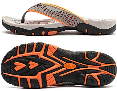 ChayChax Herren Zehentrenner Flip Flops Outdoor Sport Strand Sandalen Sommer Hausschuhe Badelatschen mit rutschfest Gummisohle,Grau Orange,46 EU