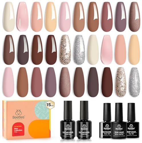Beetles Bare Collection-15ml Pastel Pink Nude Gel Nail Polish Set Brown Glitter Peach Natural Skin Tone Nail Art with Glossy Matte Base Top Coat