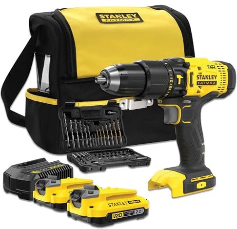 Stanley FATMAX SFMCD711DSA-QW 18V Hammer Drill V20 Range 2 Speeds LED Light Includes Drill Bit Set and 50 Pieces, 2 x 2.0Ah Rechargeable Batteries, Charger and Tool Bag