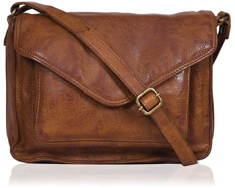 Leather Flapover Crossbody Handbag Purse for Women with Adjustable Strap & Overflap Snap Closure Tote/Bag (Tan wash)
