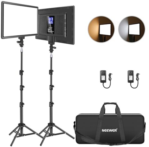NEEWER 13 LED Video Light Panel Kit, 2 Pack Bi Color Dimmable with Tripod Stand, 4000mAh Battery, 3200K-5600K CRI97+, USB, for Studio/Streaming/YouTube, Black, NL-192AI