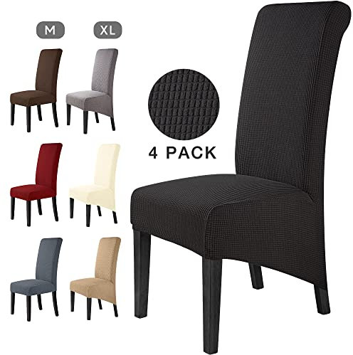 Housse de Chaise 4 Pièces Salle à Manger Jacquard Extensible XL Amovible Lavable Couverture de Chaise Universelle Protection de Chaise pour Mariage,Cuisine, Banquet-Grande (Noir, 4Pièces)-XL