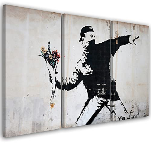Feeby 3-teilig Wanddeko 90x60 cm Straßenkunst Banksy Graffiti Leinwandbild Design Kunstdruck Zimmerdeko Bilderwand Blumenwerfer Wandbild Grau