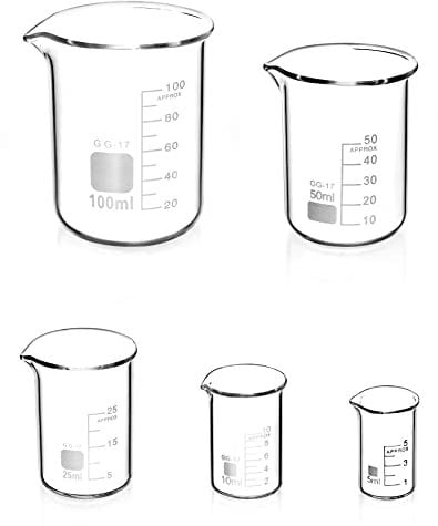 QWORK® 5 Pezzi Becher Graduato in Vetro Borosilicato 3.3 con Chiaro, 5ml 10ml 25ml 50ml 100ml Misurino Graduato per Laboratorio Scientifico Cucina