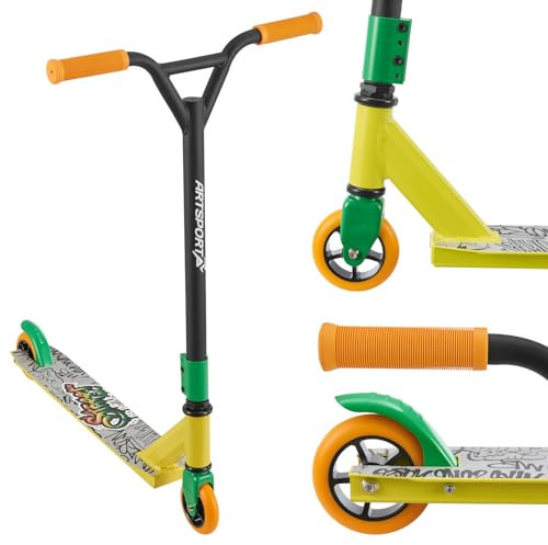 ArtSport Trottinette Stunt Street Life – Trottinette Freestyle pour Enfants et Adolescents – Guidon à 360°, Roues en Aluminium de 100 mm - Trottinette pour Enfants Noir Jaune Orange