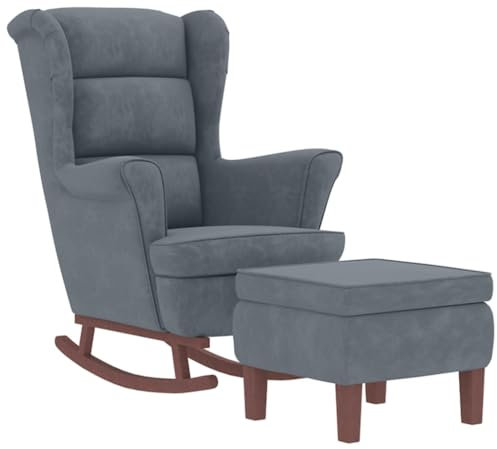 vidaXL Schaukelsessel und Hocker mit Holzbeinen Dunkelgrau Samt, Sessel mit Hocker, Relaxsessel, Relaxstuhl, Schaukelsessel, Relaxsessel mit Hocker