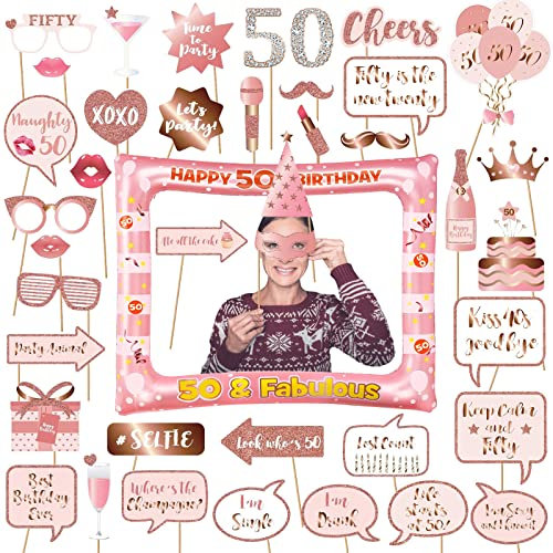 AIYONG Photo Booth oro rosa Compleanno Accessori Carta Foto Frame Cornice Baffi Occhiali Cappelli Puntelli Fotografia Decorazione per Festa Compleanno Gadget 50 Anni Fai da Te