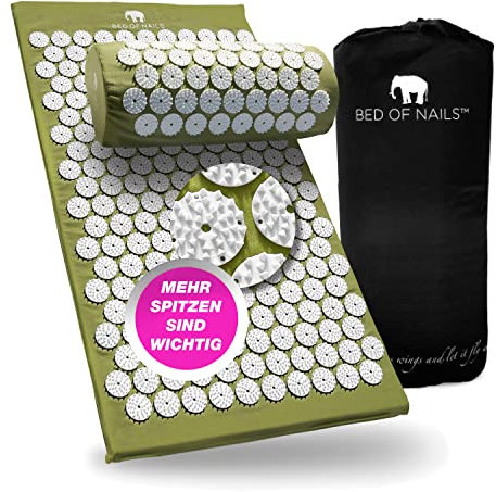 Bed of Nails Original Acupresión Esterilla Y Almohada Conjunto, Masaje Esterilla Para Bienestar, Espalda Dolor Alivio, Acupuntura Almohada Para Cuello Y Hombro Dolor, Transporte Bolsa, Verde