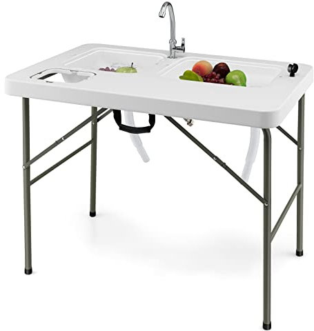 GOPLUS 2 en 1 Table de Nettoyage de Poisson Pliante avec 2 Éviers & Robinet Rotatif 360°, Table de Pêche Portable en Acier, pour Camping, Pêche, Pique-Nique, Charge 150KG, 101,5X65,5X107,5 CM