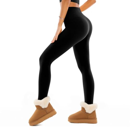 SINOPHANT Fleece Lined Leggings Women, Soft Elastic High Waisted Warm Thermal Winter Thick Yoga Pants, Black, L-XL