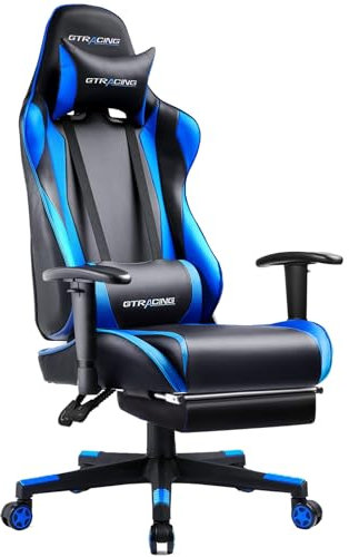 GTRACING Gaming-Stuhl mit Fußstütze, ergonomischer Computerspiel-Schreibtischstuhl, neigbarer Gamer-Stuhl, Sitzhöhenverstellung, Drehwippe mit Kopfstütze und Lendenwirbelsäule (Marineblau)