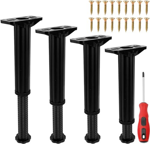 4 PCS Adjustable Furniture Support Feet, Plastic Adjustable feet Adjustable Height from 19.2 to 33 cm, Black DIY Furniture Replacement Legs with 1 Screwdriver 18 Screws for Kitchen Bathroom Cabinet