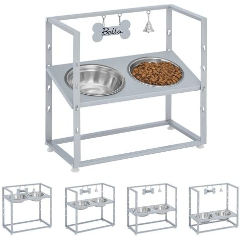Hzuaneri Ciotole per Cani Rialzate, 8 Ciotoles per Animali Regolabili in Altezza con 2 Ciotoles in Acciaio Inossidabile, Design Inclinato, con Targhetta per Nome e Campanello, Grigio PB07299G