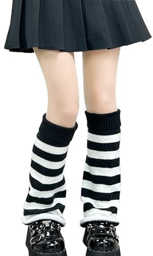 LERTREEUK Gestrickte Beinstulpen Gyaru Gothic Punk Kniestrümpfe Sport Yoga Thermo Legwarmers Stiefel Stulpe Wärmer für Frauen Mädchen (Schwarz-Weiß-Streifen)