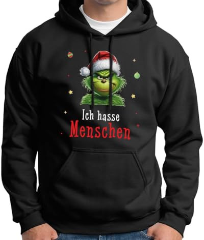 Tassenbrennerei Grinch Pullover, Hoodie - Ich Hasse Menschen - Weihnachtspullover mit Spruch lustig - Geschenk Anti Weihnachten (DE/NL/SE/PL, Alphanumerisch, L, Regular, Regular, Schwarz)