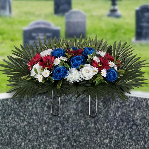 Memobloom Grabstein Blumensattelarrangements - Künstliche Friedhofsblumen Seide Beerdigung Gedenktag Trauer Floral für Outdoor Grabstein Dekorationen (Rot Weiß Königsblau)