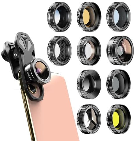 APEXEL 11-in-1 Handy-Objektiv-Set, 140° Weitwinkelobjektiv und Makroobjektiv + 205° Fischaugenobjektiv/CPL/ND32/Kaleidoskop 3/CPL/Level-Farbobjektiv, kompatibel mit den meisten Smartphones