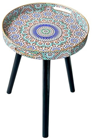 Simmer Stone Round Indoor Side Tables with Detachable Wooden 3 Legs, Versatile Tray Table, Perfect For Round Coffee Table Tea, and Relaxation Time 17.7 Inch (Multi Moroccan)