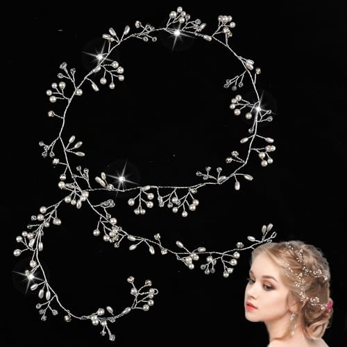 100cm Stirnband Braut Haarranke, Haarschmuck Hochzeit, mit Perlen, Strass, Braut Haarschmuck Hochzeit, Brautschmuck Haare Perlen Blumen, Kopfschmuck Hochzeit, für Bräute, Mädchen(Silber)