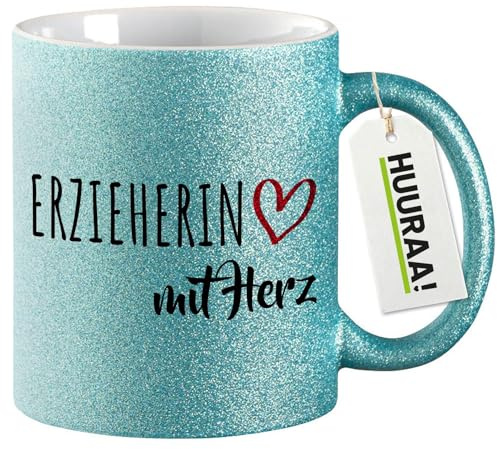 Huuraa Glitzertasse Erzieherin mit Herz Geschenk | Motivtasse 330ml Glitzer Tasse mit Spruch Blau Keramik Kaffeebecher Geschenkidee Blue Glitter Becher mit Motiv