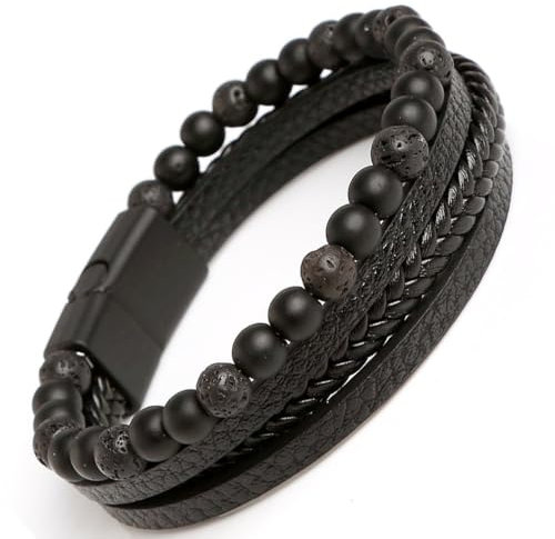 EUMENIDES Lederarmband für Männer, Titanstahl, Tigerauge Stein|Obsidian |Vulkanstein|Terrazzo Leder Armband (8,3 Zoll, Vulkangestein, 21CM)