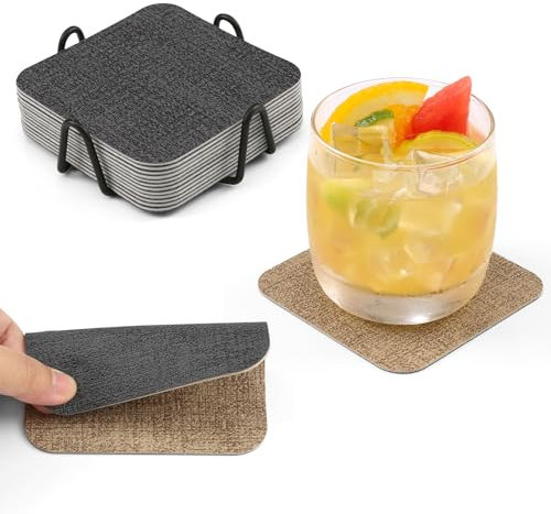 Chitomars Lot de 12 Dessous de Verres avec Support, Double Face Lavable sous Verres Simili Cuir Antidérapant Originaux Dessous de Verres pour Café, Boissons, Bière Tasses (Gris Beige, Lot de 12)