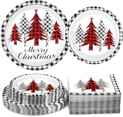 Homlouue 200PCS Merry Christmas Paper Plates and Napkins Set, Christmas Tree Red & White Plates and Napkins Disposable, Christmas Disposable Dinnerware Set, Christmas Party Xmas Party Decor, Serve 50