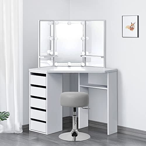 ML-Design Eckschminktisch Frisiertisch Weiß mit LED-Beleuchtung, 3 Spiegel, Hocker Hellgrau, 5 Schubladen & 3 Ablagefächern, 110x141,5x54cm, Kosmetiktisch für Damen & Mädchen, Frisierkommode MDF Holz