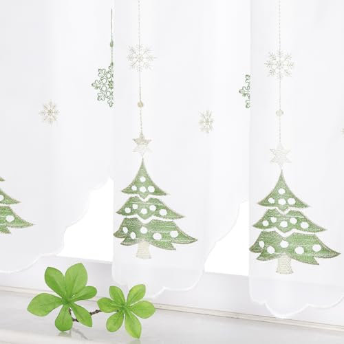 Yujiao Mao Weihnachtliche Voile Scheibengardine Weiß mit Grünem und Goldenem Weihnachtsbaum-Muster Halbtransparent Gardine mit Stangendurchzug für Küche und Wohnzimmer 1 Stück, grün HxB 45x90cm