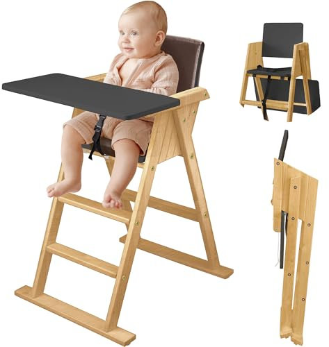 VILHA Klapp-Treppenhochstuhl, Baby Hochstuhl aus massivem Holz mit Sitzkissen, Holz Essbrett und Schutzbügel, 3-Punkt-Gurt und Schrittgurt, Highchair ab 6 Monaten, Platzsparend Kinderstuhl
