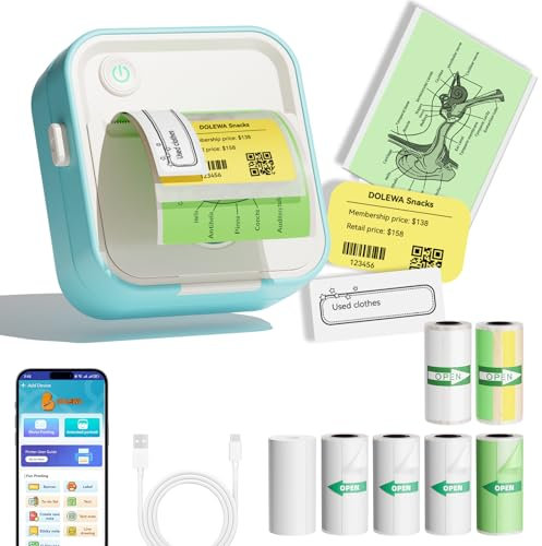 DOLEWA Mini Drucker, Tragbarer Thermodrucker mit 7 Rollen Aufklebern, Aufkleberbreite Einstellbar 12–57 mm, Compatible with Smartphone und Tablet, für Lernen, Bilder, Quittungen, to-Do-Listen (Blau)