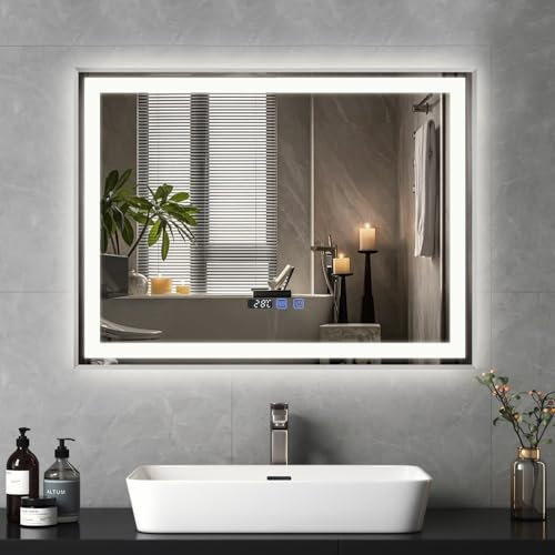 YU YUSING Badspiegel LED 80x60cm Badezimmerspiegel mit 3 Lichtfarbe Einstellbare, Wandspiegel Metallrahmen mit Touch-Schalter Spiegel Badezimmer Anti-Beschlag Timer-funcktion IP44, Horizontal, Silber