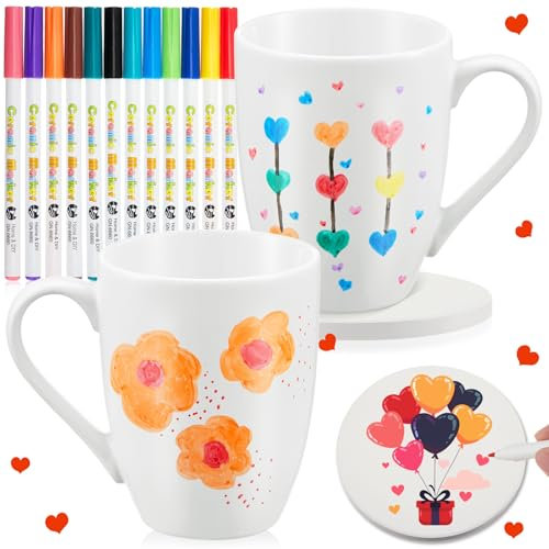 Geiserailie 2 Pcs Paint Your Own Mug DIY Paintable Kit Including 2 Blank Ceramic Sublimation Mugs 12 Color Brushes for Adults Daughter Girlfriend/Boyfriend(Drum Style)