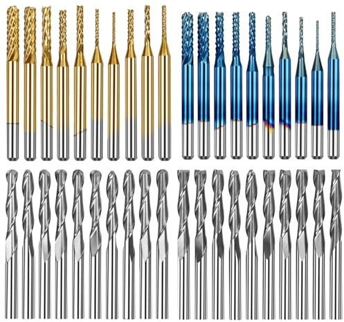 Creatorally 40 punte per fresa CNC, 0,8 – 3,175 mm CNC Router Bit con Gambo da 1/8, Set di Punte per Fresatura CNC, Fresa a Naso Piatto e Testa Sferica, Nano Blue Coat & Titanium Coat