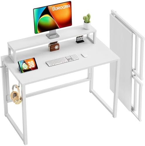 SOROGRA Small Folding Desk 100cm, Foldable Computer Desk with Monitor Stand, Easy Assembly Portable Table for Small Spaces and Home Office, White
