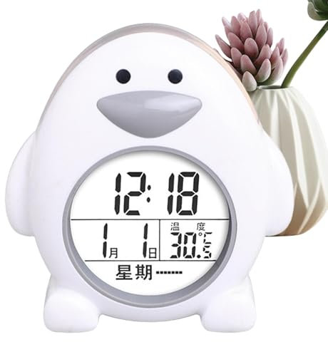 Teksome Pinguin-Wecker, süßer Wecker - Niedliche Cartoon-Pinguin-Schreibtischuhr | Schlafzimmerwecker mit ewigem Kalender und Temperaturanzeige für schwere Schläfer