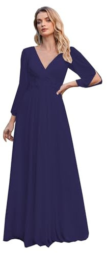 shengyan Women's Deep V-Neck Bridesmaid Dress Long Sleeve A-line Evening Dresses Navy