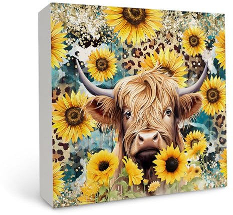 Ensound Highland Cow Holzkiste – Summer Highland Cowcosmetic Holzbox, Western Cowgirls, Holzkiste, Sonnenblumen-Holzbox, Hochlandkuh, dekorative Holzbox, 12,7 x 12,7 cm