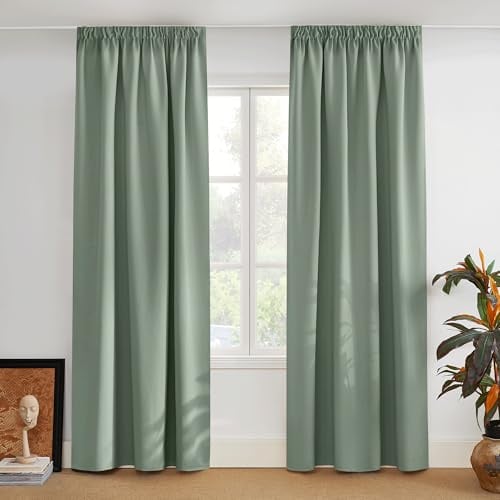 PONY DANCE Wohnzimmer Gardinen für Fenster Thermovorhang Blickdicht | 2er Set H 228 x B 228 cm, Salbeigrün, mit Kräuselband, Verdunklungsgardine für Schiene, Wärmeisolierender, Blackout