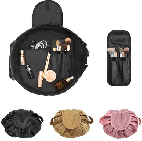 Drawstring Cosmetic Bag for Women “C Barrel Drawstring Cinch Makeup Bag Open Flat Toiletry Bag for Travel with Brush Area (Black)