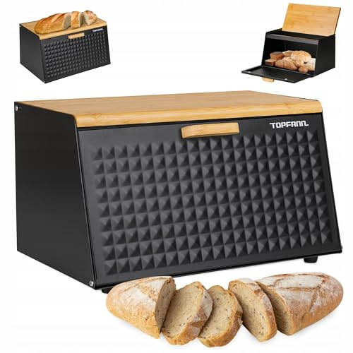 Topfann Brotkästen Brotkorb Brotbox Bambus Groß Brotbehälter Brotdose Schwarz Metall